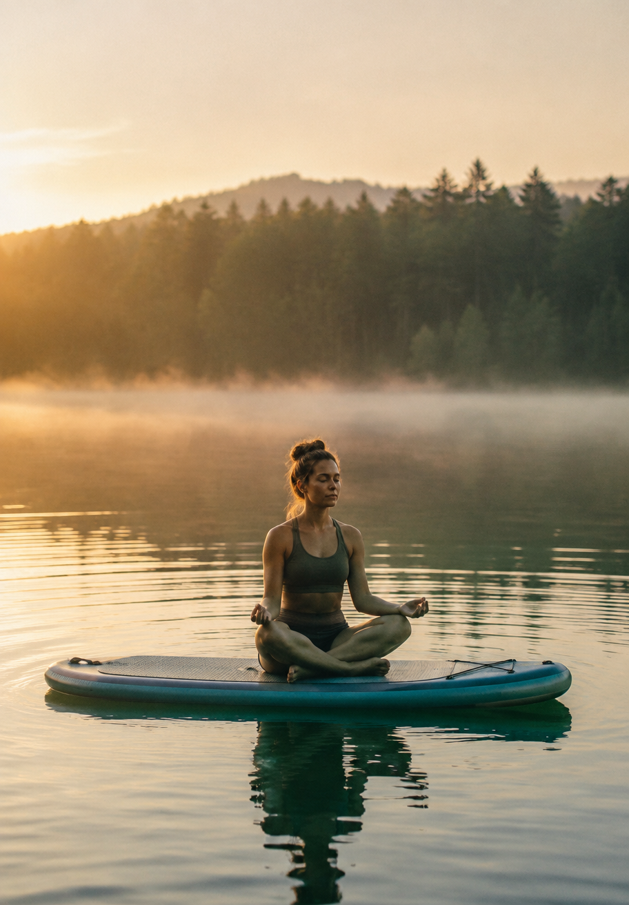 Person meditating on a paddleboard on calm water at dawn