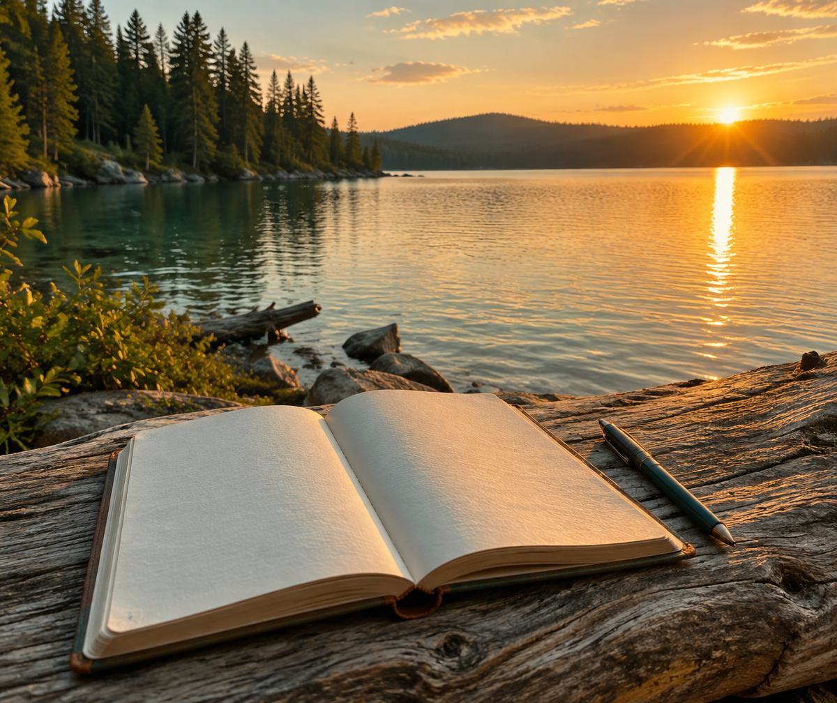 Open journal and pen on driftwood by a lake at golden hour
